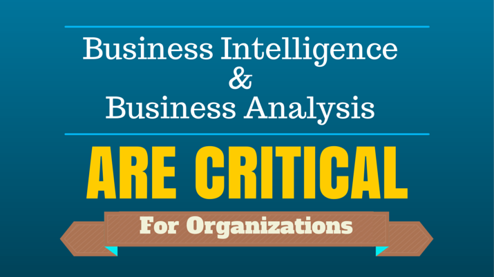 A poster that says "business intelligence & business analysis" and below that in bright yellow bolded letters it says "are critical".
