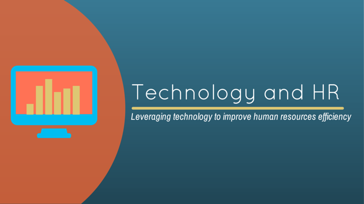 Blue background with a blue and orange illustration of a computer that has the words "technology and HR - leveraging technology to improve human resources efficiency".