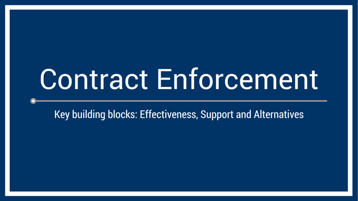 Blue sign that reads "contract enforcement - key building blocks: effectiveness, support and alternatives".