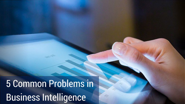 An ipad with a bar chart on the screen and a sign on the picture at the bottom that says "5 common problems in business intelligence".