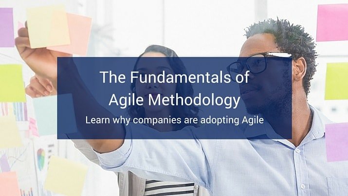 A blue banner that says "The fundamentals of Agile Methodology" on top of the image of two coworkers sticking post-in notes to a wall.
