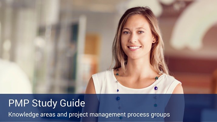 A woman smiling into the camera with a sign at the bottom of the image that says "PMP Study Guide".