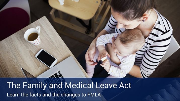 A woman with a baby at a table with her laptop, phone, and a cup of coffee, and a banner on the bottom of the image that says "The Family and Medical Leave Act".