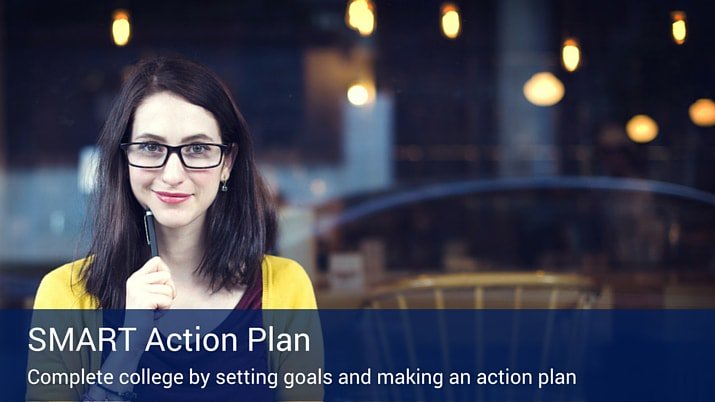 A woman smiling into the camera with a pen in her hand and a banner going across the bottom of the image that says Smart Action Plan.