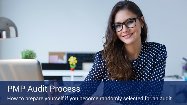 A woman with glasses in a black and white polka dot shirt smiling into the camera while on her laptop, with a banner along the bottom of the image that says "PMP Audit Process."
