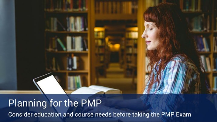 A woman sitting by herself in a library on her computer with a book on the table next to her, and a banner at the bottom of the screen that reads "Planning for PMP".