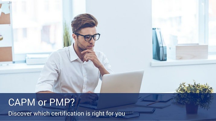 A man sitting in a white office with a laptop and a white button up shirt, with a blue banner at the bottom of the screen that says "CAPM or PMP?".