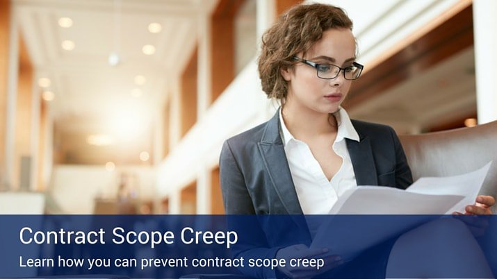 A woman sitting on a couch in an office building lobby looking over paperwork, with a banner that says "contract Scope Creep".