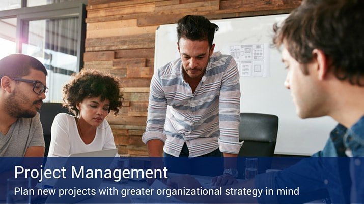 A group of coworkers helping each other on a project in an office with wooden walls and a white board, with a banner on the bottom that says "project management - Plan new projects with greater organizational strategy in mind."