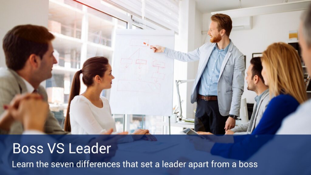 A man giving a presentation on leadership to his co-workers with a white board and a red marker.