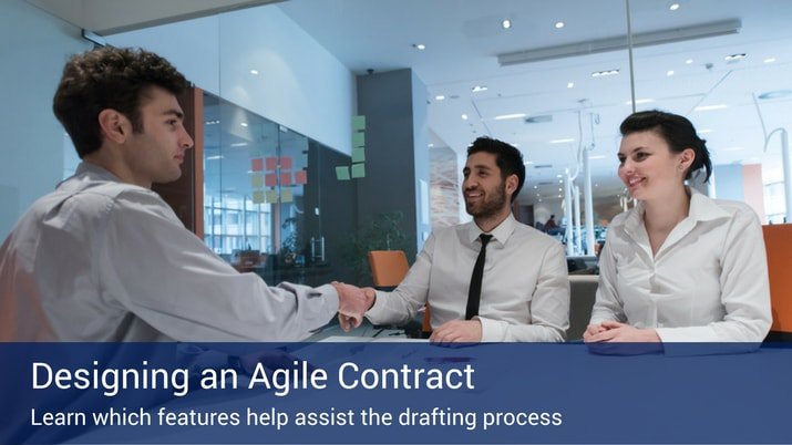 Three people in an office shaking hands in a meeting in a modern office with big glass windows, and a blue banner across the bottom that reads "Designing an Agile Contract" in large white letters.