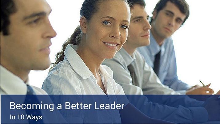 A group of co-workers sitting side by side with a blue banner that says "Becoming a better leader".