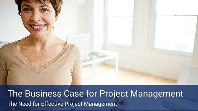 A woman smiling in an empty office with a blue banner at the bottom of the image that says "The Business Case for Project Management".