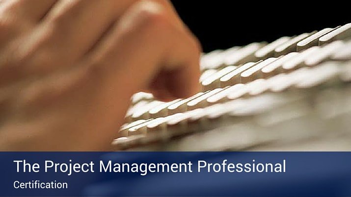 Hands typing on a computer keyboard with a blue banner across the bottom of the image that reads "The Project Management Professional - certification".