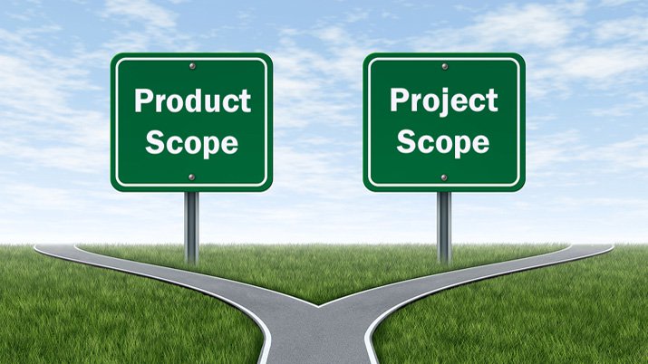 A illustration of a fork in the road that has two green highway signs that say "product scope" on the left and "project scope" on the right path as well.