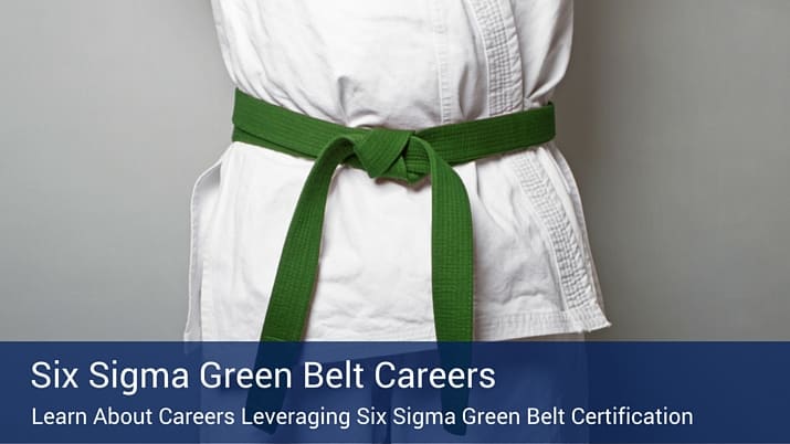 A white Tae Kwon Do uniform and a green belt with a banner below that says "six sigma green belt careers".