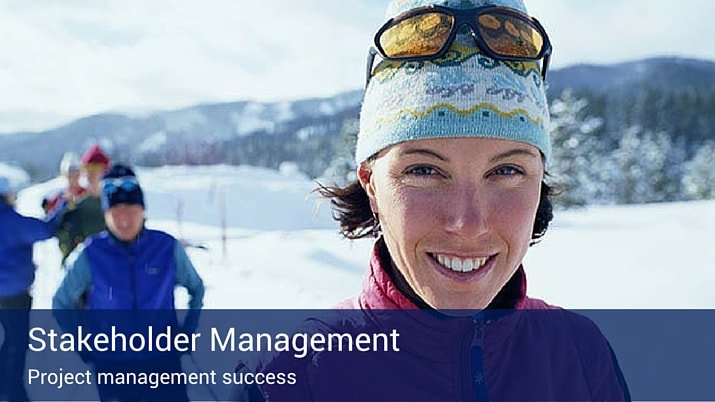 A woman skiing with others behind her and banner at the bottom of the image that reads "stakeholder management" in large bold letters and "project management success" below.