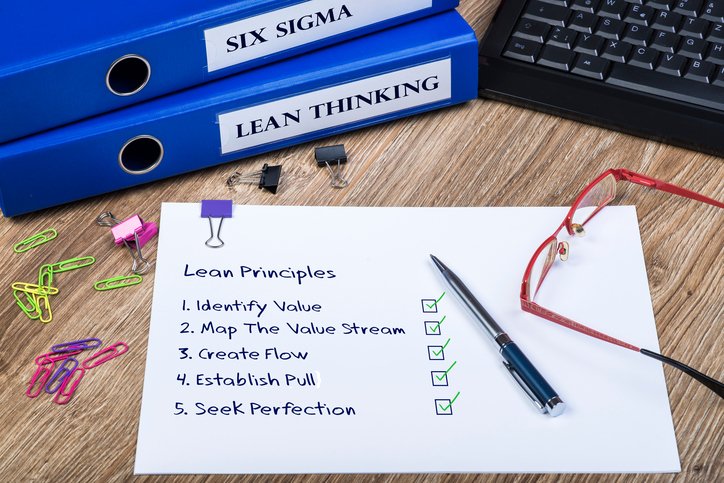 A cluttered desk with glasses, binder clips, a keyboard and a piece of paper that lists out the Lean Principles in a checklist, next to two binders with "Six Sigma" and "Lean Thinking" printed on the spines.