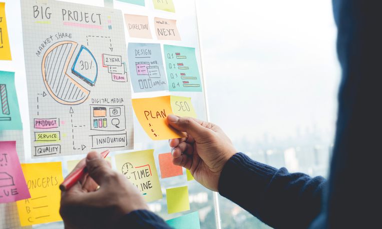 A project manager visualizes the iron triangle of project management by posting multi-colored sticky notes to a whiteboard.