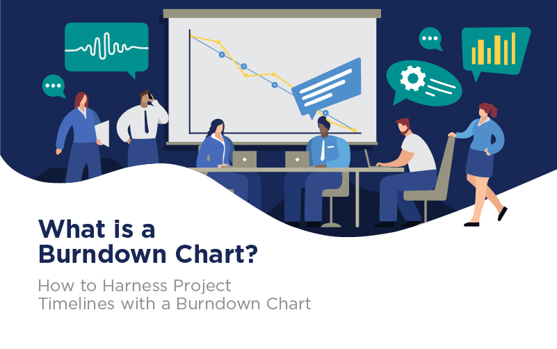 Graphic showing office team members working together to make a burndown chart.