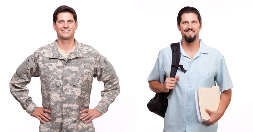 Soldier and young man with backpack smiling next to each other